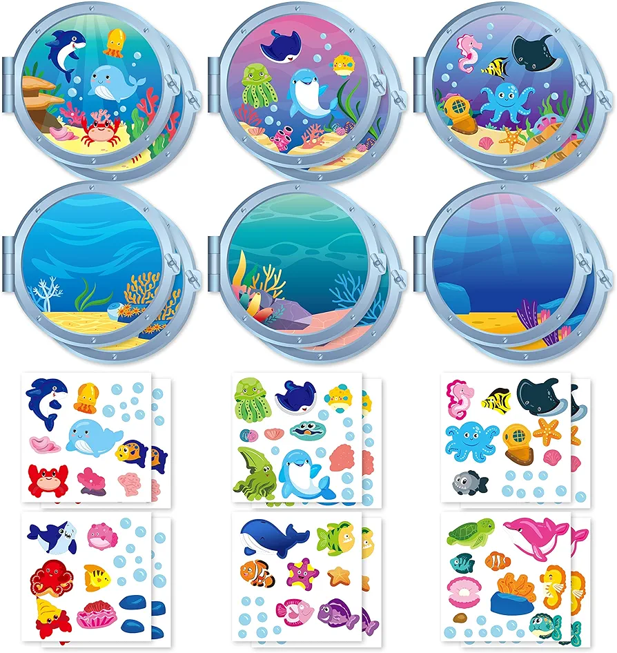 WATINC 12Pcs Sea Animal Scene Sticker Art Craft, Make Your Own Ocean Animals World Under The Sea Scene Stickers, DIY Shark Clown Fish Dolphins Decals, Kids Game for Classroom Activity Party Supplies