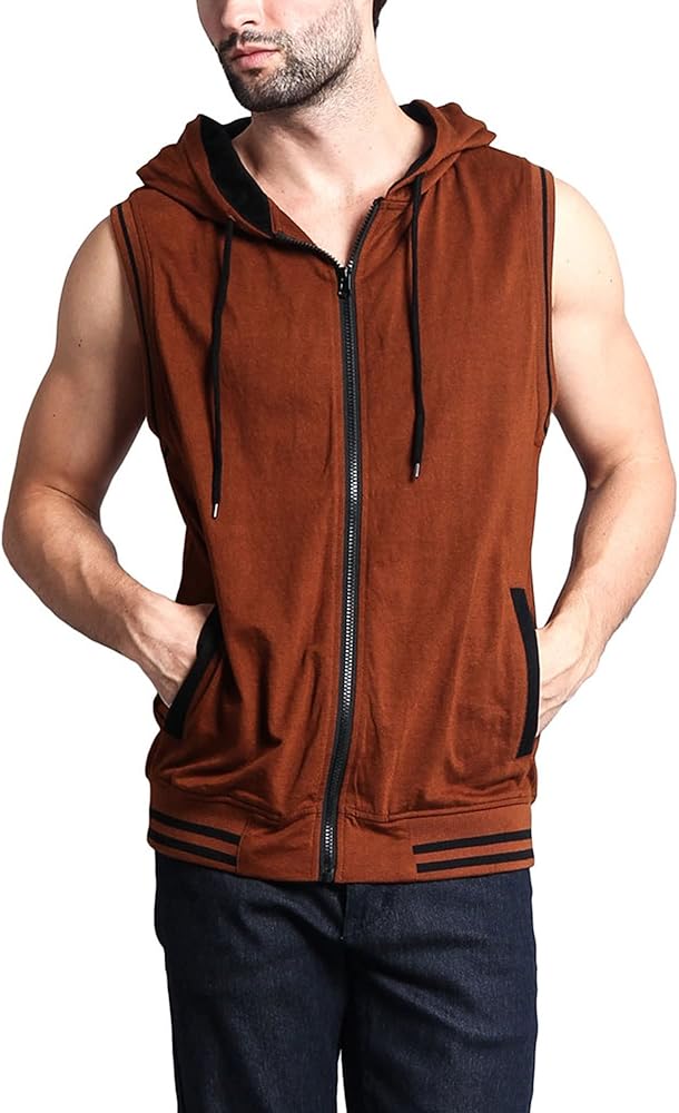 Victorious Men's Lightweight Athletic Casual Sleeveless Contrast Zipper Hoodie