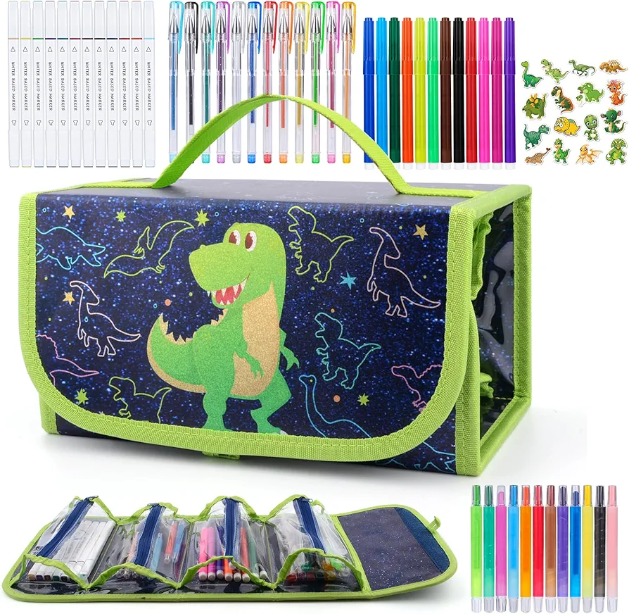 Scented Markers Set with Dinosaur Pencil Case 48PCS Markers for Kids Ages 4-8 Birthday Gifts for Kids Boys 4 5 6 7 8 9 Year Old Fruit Coloring Markers Pens Set Art and Craft Set with Stickers