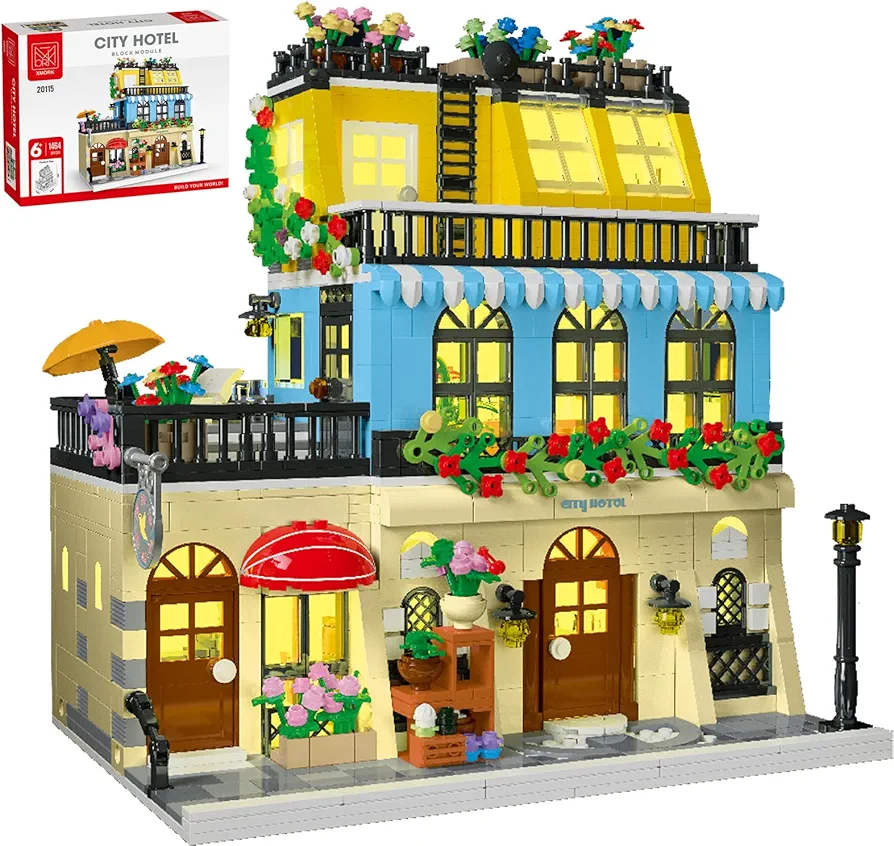 City Hotel Building Block Set, 1464 Pieces House Modular Building Model Kit, 3-Layer City Building Toys with LED Lights, House Architecture Sets for 6+Years Old Kids, Teens and Adults