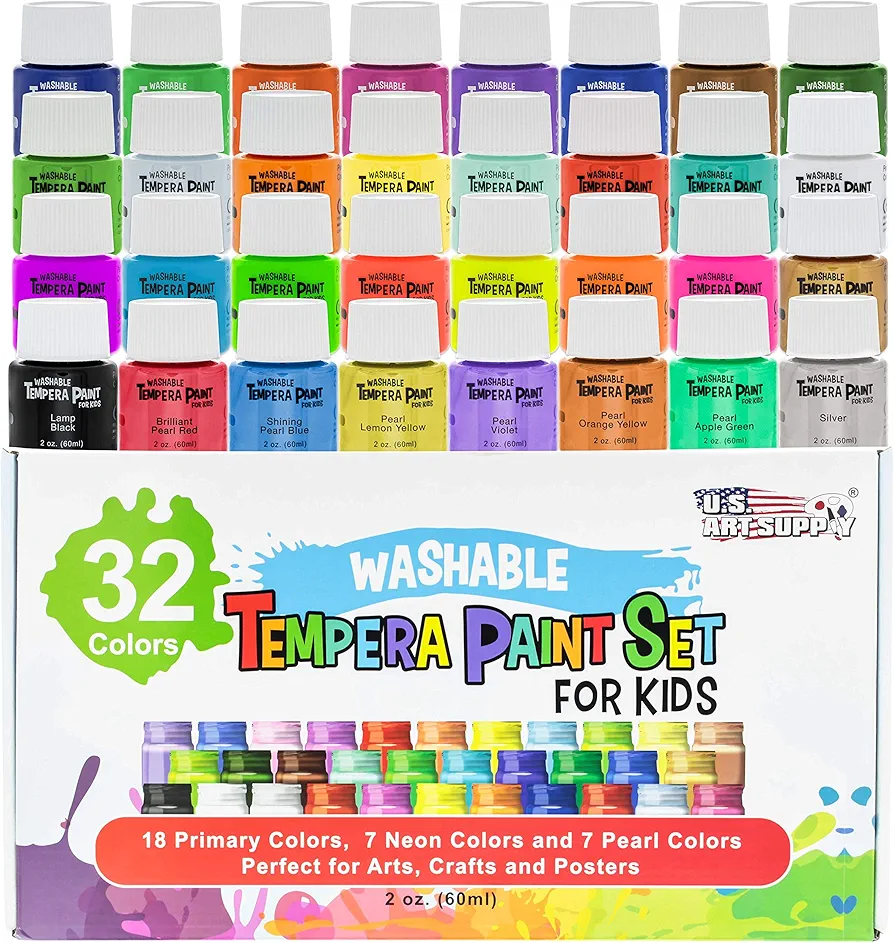 U.S. Art Supply 32 Color Children's Washable Tempera Paint Set - 2 Ounce Wide Mouth Bottles for Arts, Crafts and Posters