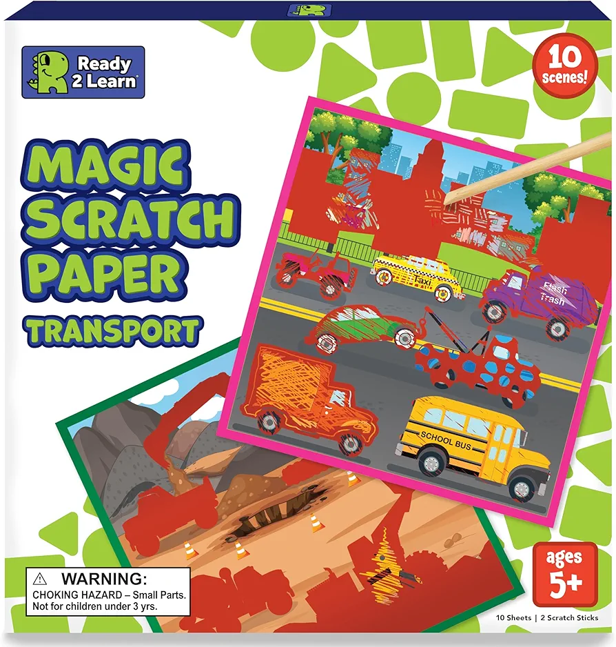 READY 2 LEARN Magic Scratch Paper - Transport - 10 Vibrant Scenes - Scratch Art for Kids - Reveal Colorful, Travel Designs