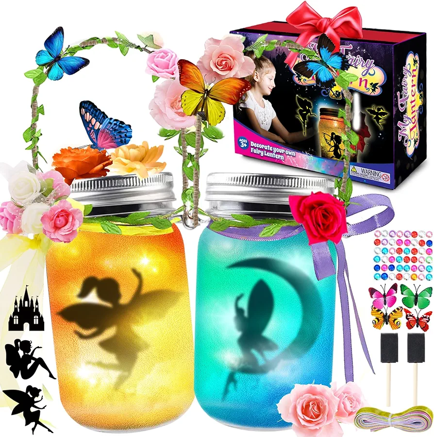 FUNZBO Fairy Lantern Craft Kits - Fairy Lights Battery Operated Crafts for Kids Ages 4-8, Arts and Crafts Supplies, Fairy Toys with 2 Fairy Light Jar, 3, 4, 5, 6, 7, 8, 9 Year Old Girl Birthday Gifts