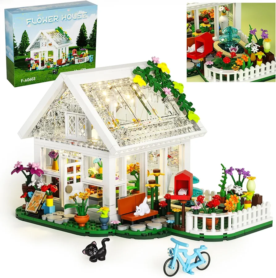 Flower House Garden Building Set, City Street Flower Shop Building Kits with Led Lights,Flower Garden White Greenhouse Building Toys Present for Girls Kids