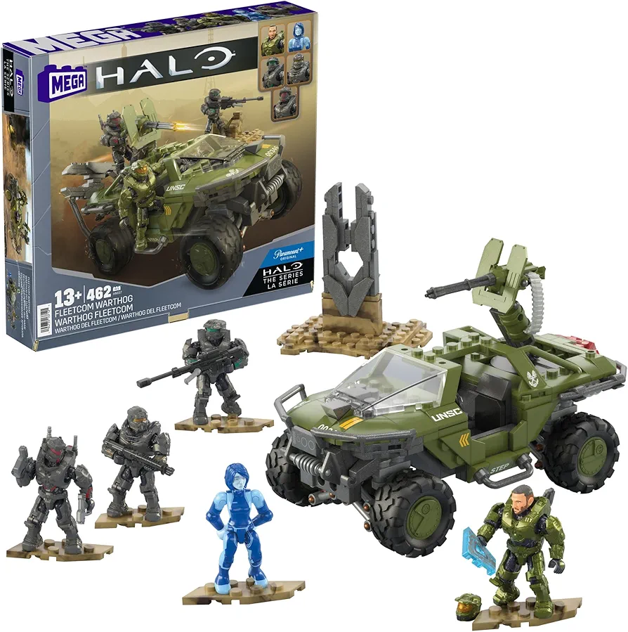 Mega Halo The Series Vehicle Building Toys Set, FLEETCOM Warthog ATV with 469 Pieces, 5 Micro Action Figures, Poseable Articulation, Kids and Fans