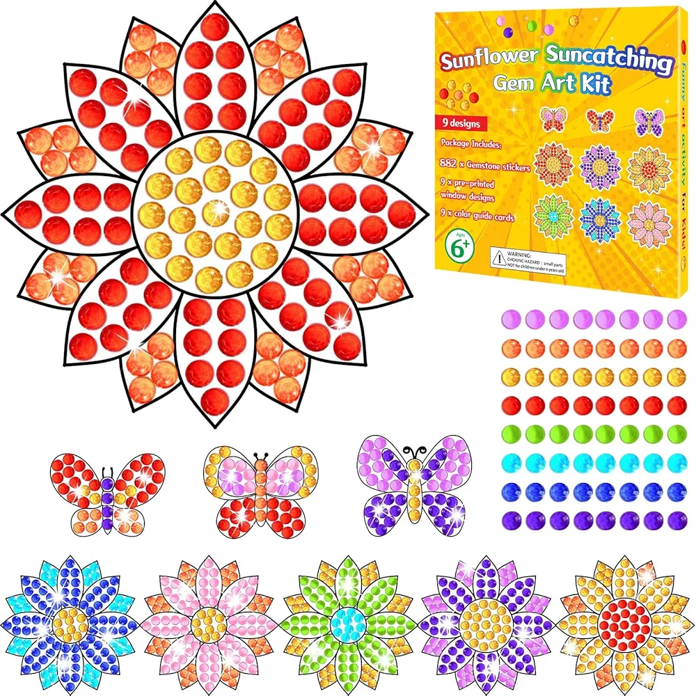 Qyeahkj Summer Craft DIY Diamond Suncatcher Gem Gemmers Sunflower Shape Art Crafts Suncatcher Kits for Kids Spring Catcher Diamond Painting Kits for Kids Girls Boys