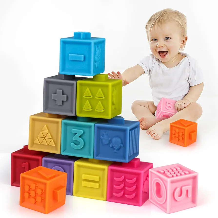 Amy&Benton Soft Baby Rubber Stacking Block 1 Year Old Toddler Silicone Building Blocks for 6 12 18 months Infant Teething Blocks Baby Infant Toys 6-12-18 Months Toys for 9 Month Old