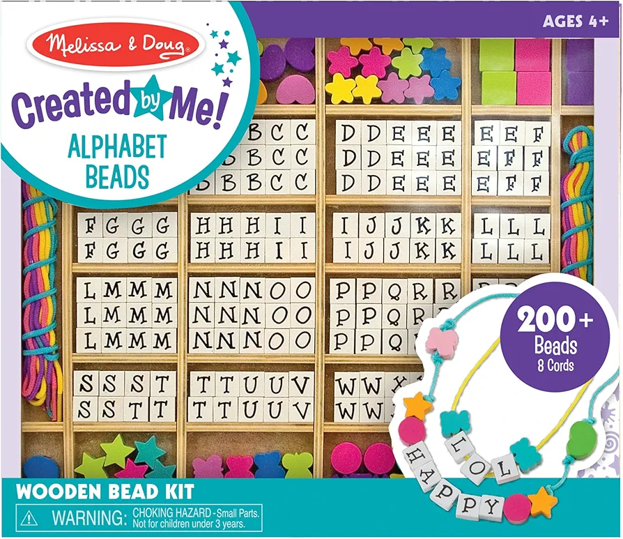 Melissa & Doug Created by Me! Alphabet Beads Deluxe Wooden Stringing Beads, 200+ Beads and 8 Laces for Jewelry-Making