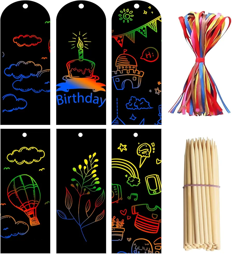 Scratch Bookmarks Art for Kids 50 Set 2 Style Rainbow Scratch Paper DIY Bookmark Bulk with Scratching Tools Satin Ribbons for Classroom Activities