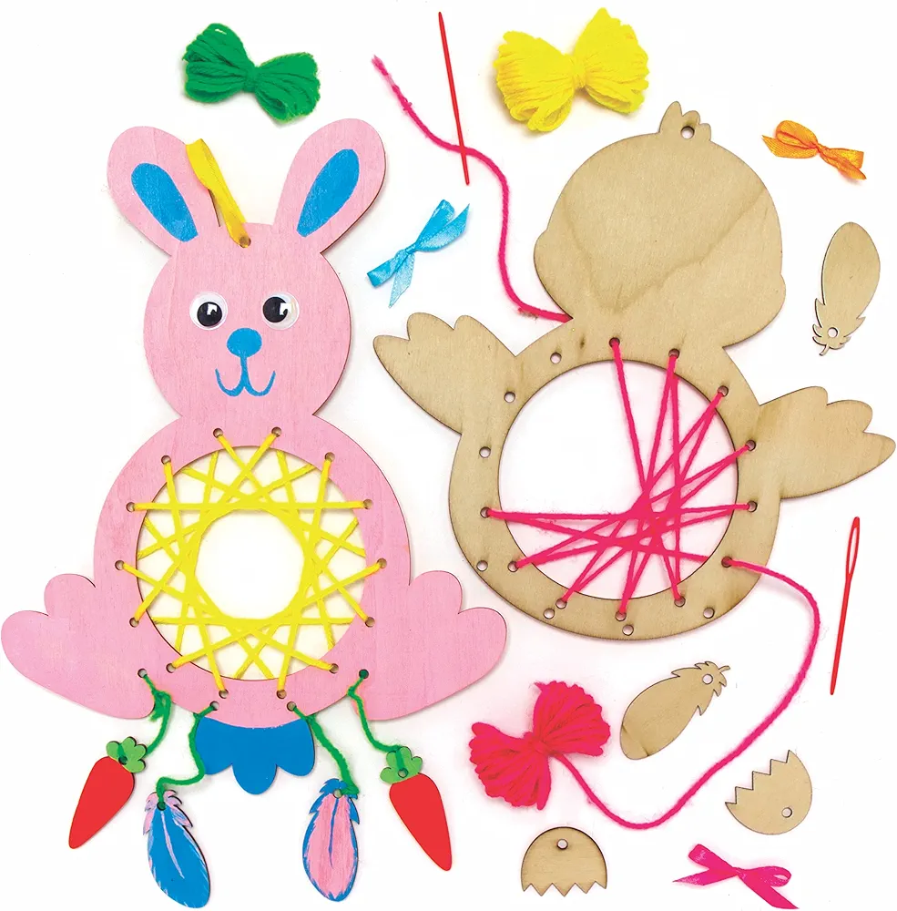 Baker Ross Easter Chick & Bunny Wooden Dreamcatcher Kits - Pack of 4, Create Your Own Dreamcatcher Kits for Kids Arts and Crafts, Wall Decorations for Children (AX785)