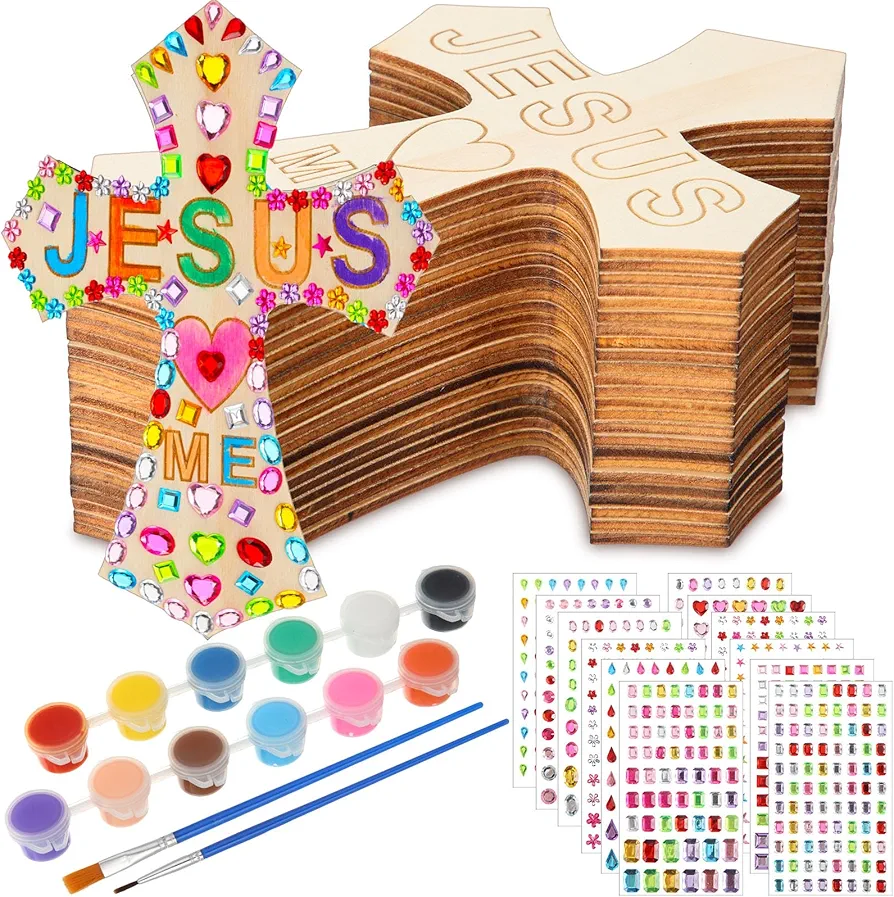 PullCrease DIY Wood Cross Crafts for Kids Sunday School Vacation Bible School Supplies 24 Pack Wooden Cross with Stickers 1 Set Paint(Stylish Style)