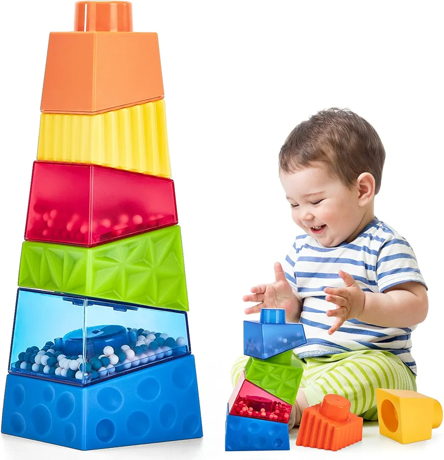 Toddler Montessori Toys for 1-Year-Old Boys Girls 6 Pcs Sensory Stacking Blocks Baby Toys for 12-18 Months Age 1-3-Year Old Educational Learning Toys for 1-Year-Old Building Toy Birthday Gift