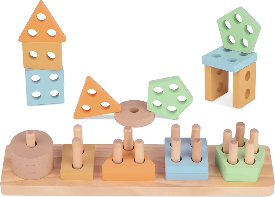 Montessori Toys for Toddlers 1-3, Educational Learning Toy for 1-4 Year Old Boy Girl Gifts, Shape Sorter Sensory Toys for 1 2 3 Year Old Boys Girls, Wooden Color Recognition Stacker Puzzle Toys