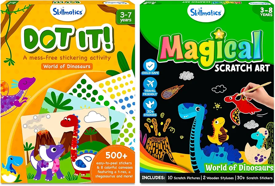 Skillmatics Dot It and Magical Scratch Art Book Dinosaurs Theme Bundle, Art & Craft Kits, DIY Activities for kids