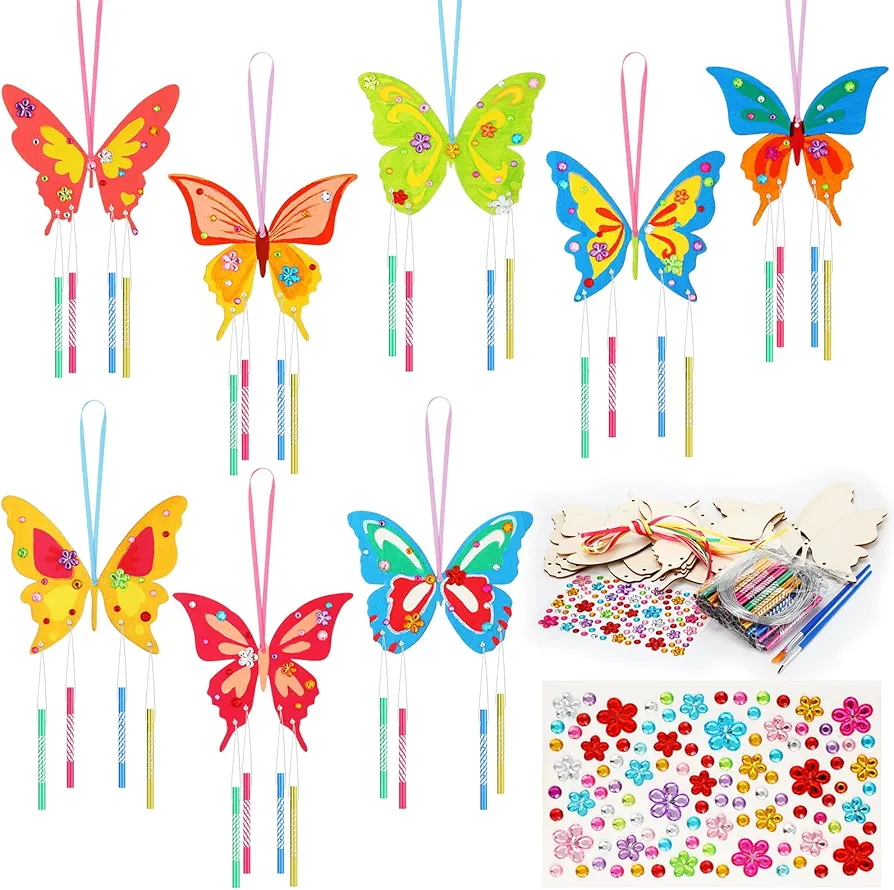 Wenqik 12 Pack Wind Chime Kit for Kids Spring Crafts for Kids Wooden Arts Make Your Own Wind Chime Ornaments DIY Coloring Craft for Spring Art Activities Favor Supplies(Butterfly)