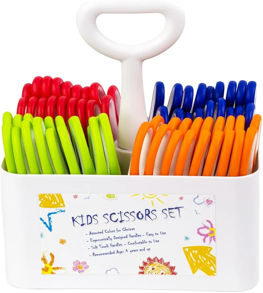 Kids Scissors Set with Classpack Art Caddy Organizer (36 Count Teacher Pack, Rounded-tip, 5.5-inch) - Assorted Colors Blunt-tip School Student Crafting Scissors Supplies AW-063-36