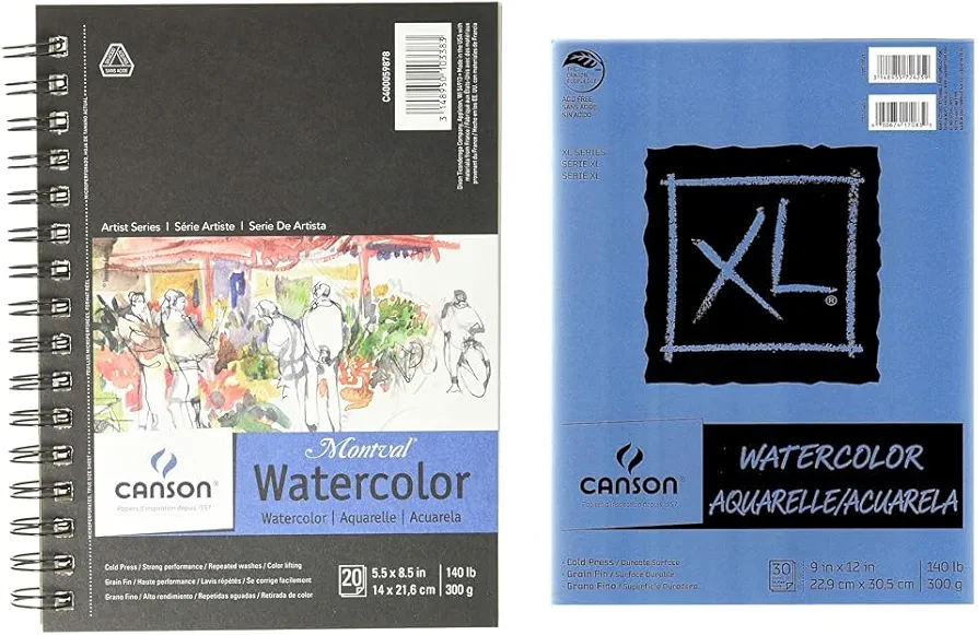 Canson Artist Series Watercolor Paper, Wirebound Pad, 5.5x8.5 inches, 20 Sheets (140lb/300g) & XL Watercolor Pads, 9 in. x 12 in., Pad of 30 (100510941) (98773)