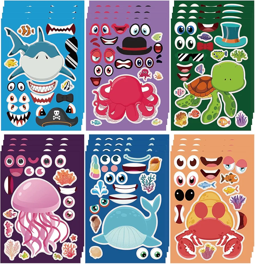 24 Sheets Make Your Own Sea Animals Stickers Make A Face Stickers for Kids Toddlers with Shark Jellyfish Hermit Crab Turtle Octopus Dolphin DIY Craft Stickers Kids Party Favor Supplies Crafts