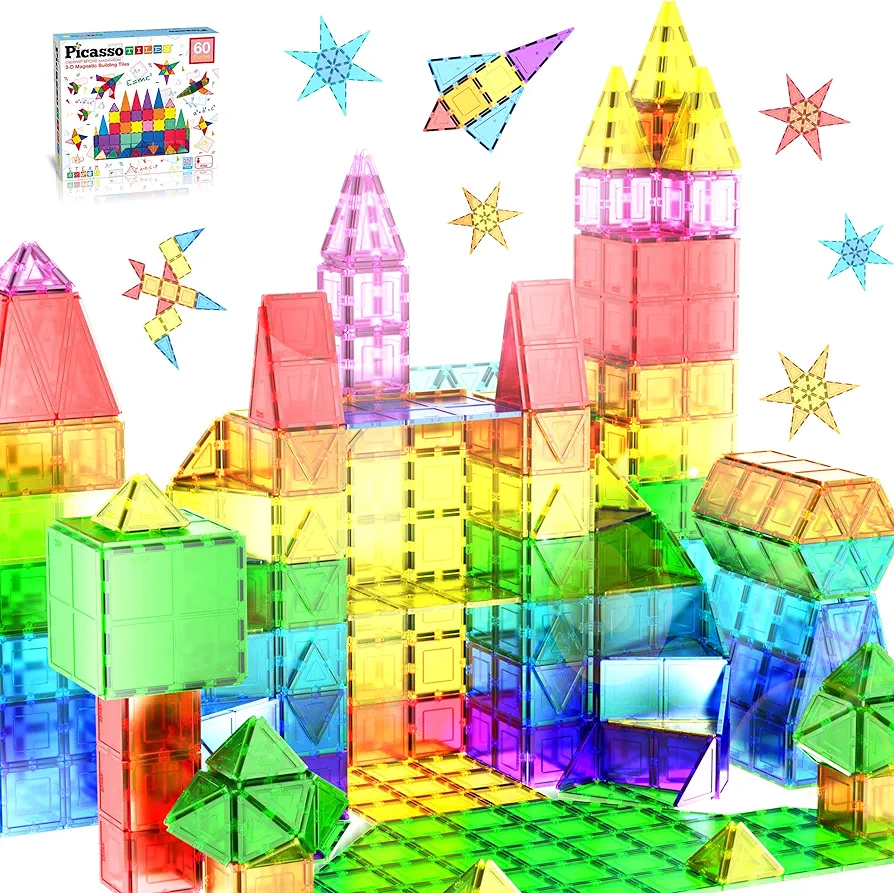 PicassoTiles 60 Piece Set 60pcs Magnet Building Tiles Clear Magnetic 3D Blocks Construction Playboards - Creativity beyond Imagination, Inspirational, Recreational, Educational, Conventional