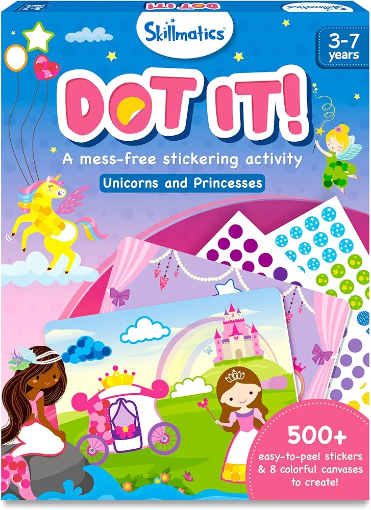 Skillmatics Art Activity - Dot It Unicorns & Princesses, No Mess Sticker Art for Kids, Craft Kits, DIY Activity, Gifts for Boys & Girls Ages 3, 4, 5, 6, 7, Travel Toys