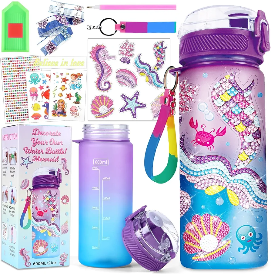 Qyeahkj Decorate Your Own Water Bottle Kits for Girls Age 4-6-8-10, Little Mermaid Gem Diamond Painting Crafts, Fun Arts and Crafts Gifts Toys Art Supplies for Girls Age 8-12 Birthday Christmas Gifts