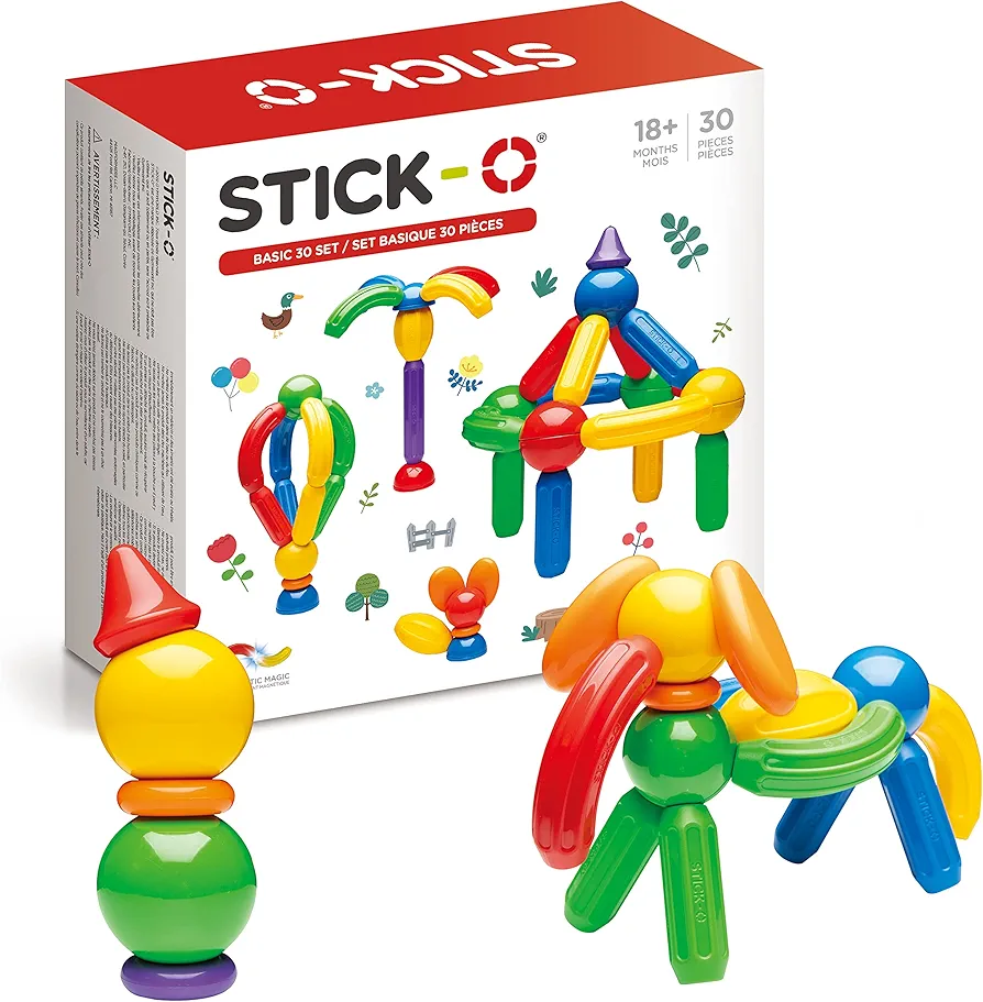 STICK O Basic 30 Piece Magnetic Building Set, Rainbow Colors, Educational STEM Construction Toy Ages 18M+