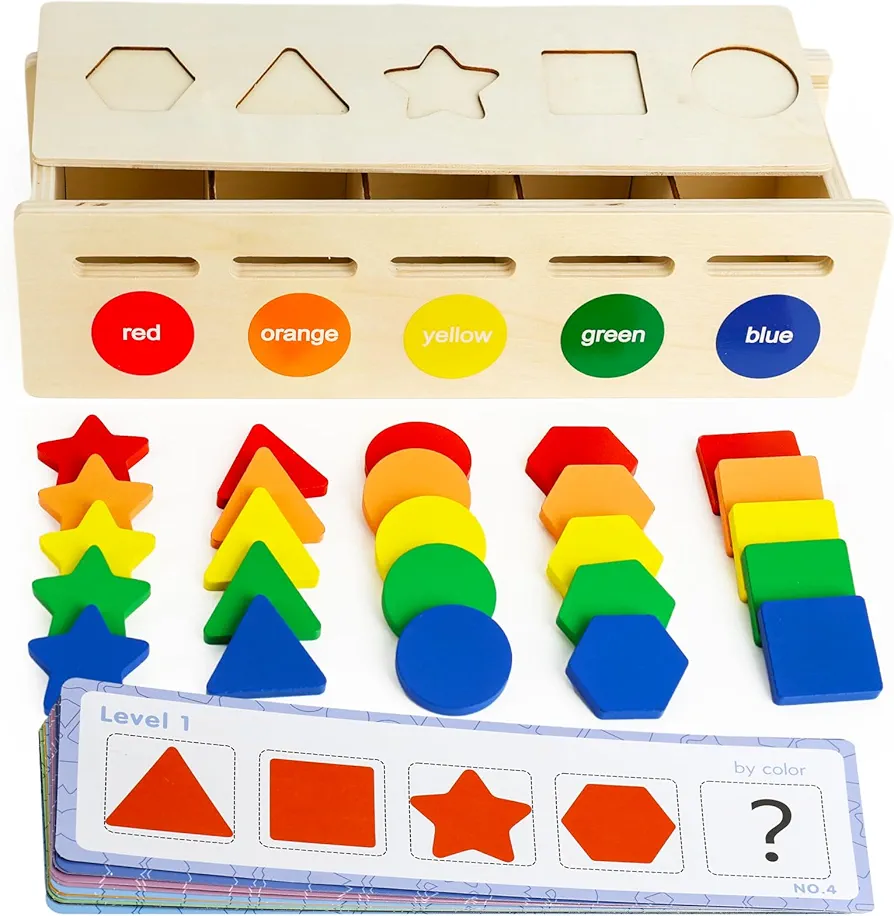 LovesTown Wooden Color & Shape Sorting Box, Montessori Toys Learning Matching Box Sorting Matching Toys Learning Early Educational Toys for Baby Toddlers