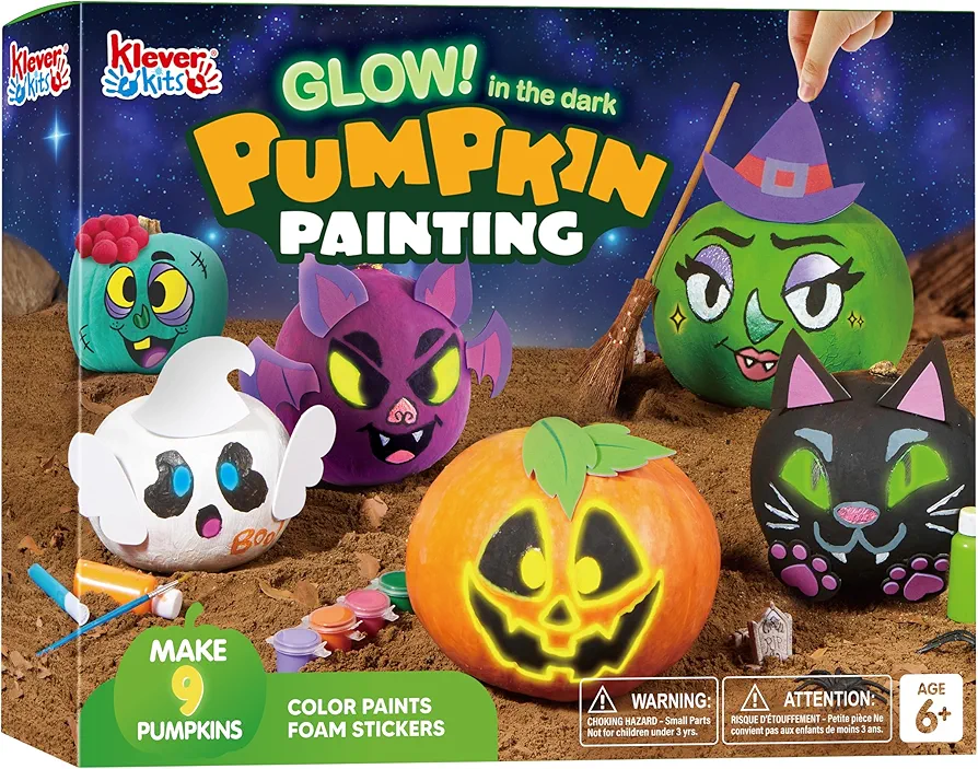 Klever Kits Halloween Pumpkin Painting Kit, Party Favor for Kids, Halloween Arts Crafts Party Supplies, Glowing in The Dark Pumpkin Decorating Kit, DIY Coloring Set for Classroom Activities Games