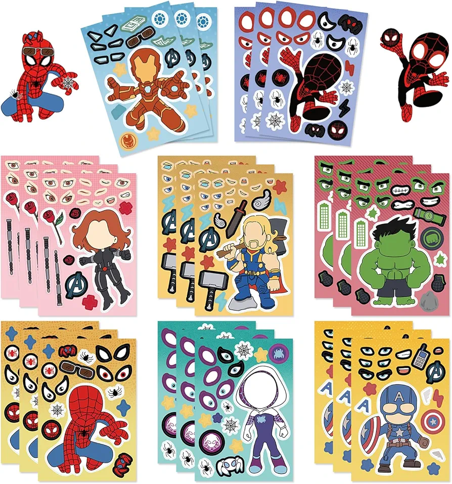 24 Sheets Make Your Own Superheros Stickers, Make a Classic Superheros Character, Make a Face Stickers, Classroom Rewards, Anime Themed Art Craft Party Supplies