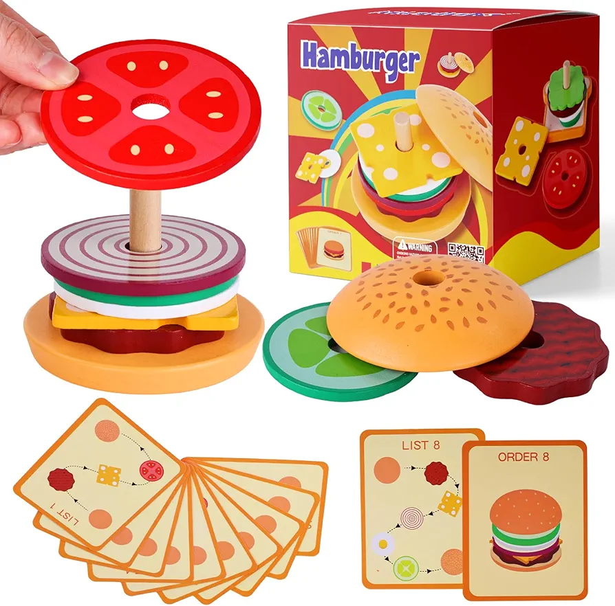 MCPINKY Wooden Stacking Toys, Montessori Toys for Kids Burger Stacking Toys Educational Preschool Learning Toys for Boys Girls Birthday Gifts