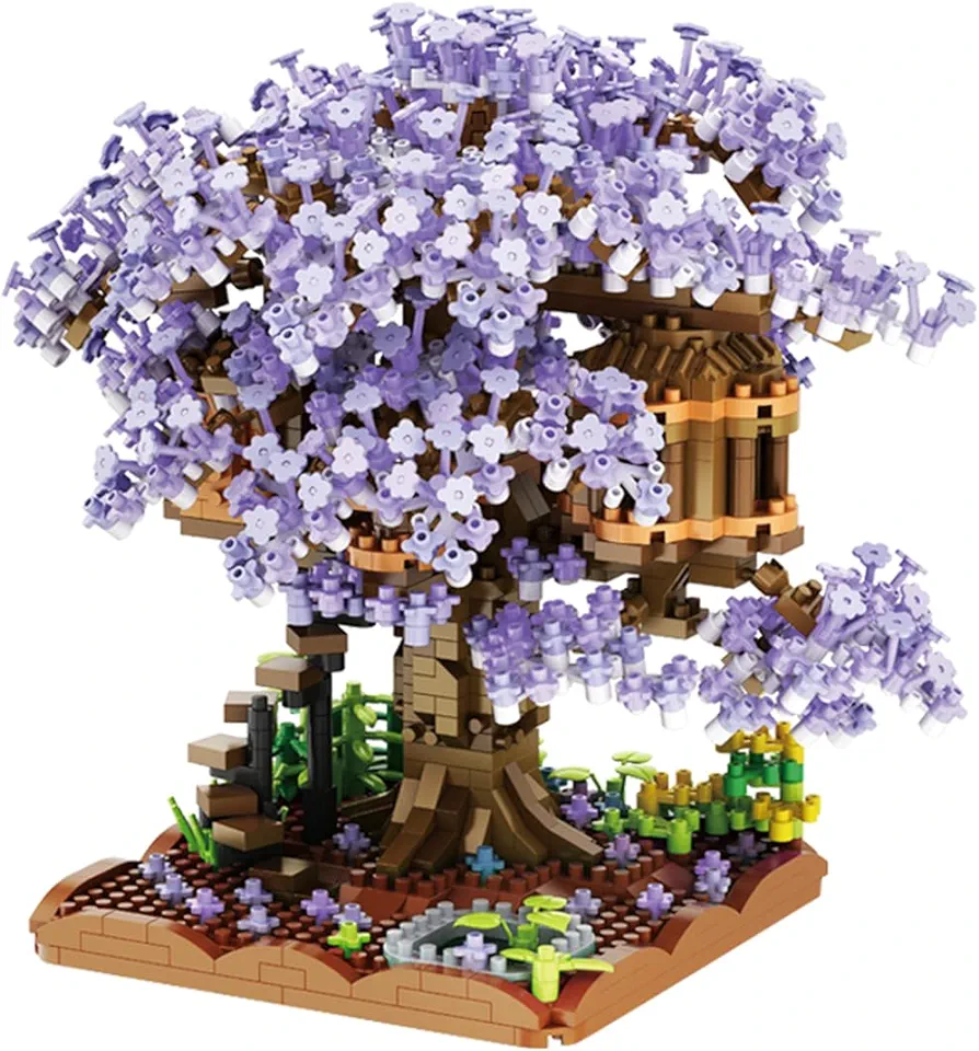 Purple Cherry Blossom Bonsai Tree Building Blocks Set,（1443 Pieces） Flower Treehouse Model Mini Building Block Toys,Tree House Model Toys Gifts for Kid and Adult