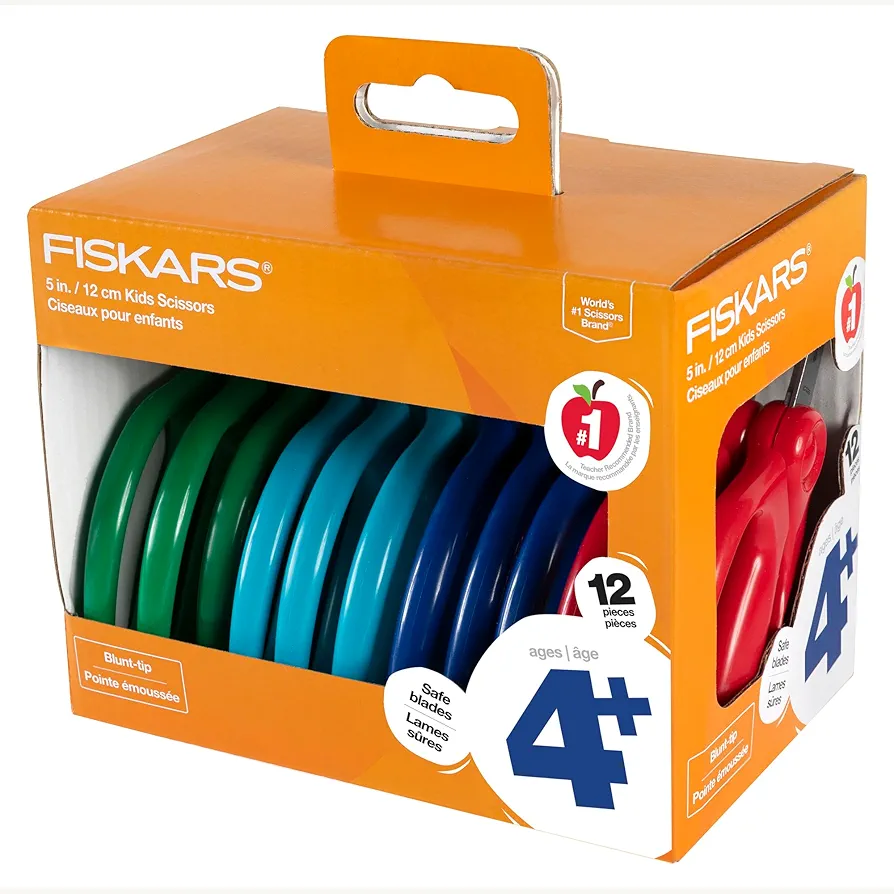 Fiskars 5" Blunt-Tip Scissors for Kids 4+ with Classpack Art Caddy Organizer (12-Pack) - Kids Scissors for School or Crafting - Back to School Supplies - Assorted Colors