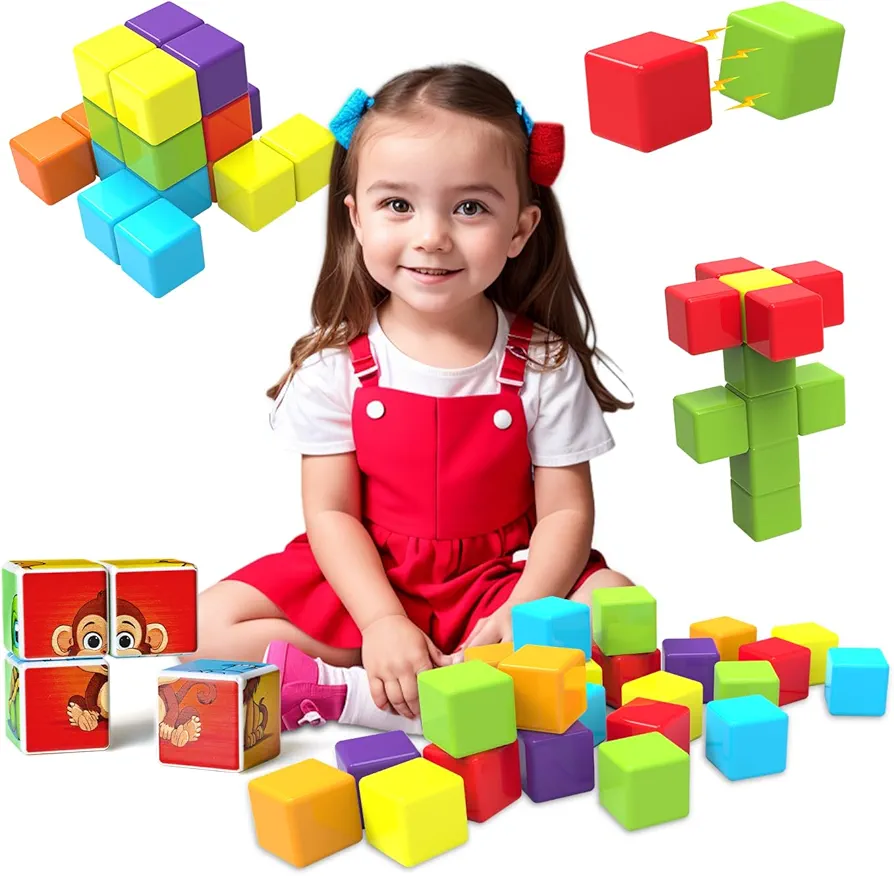 Magnetic Building Blocks & Magnetic Puzzle Toys for Toddlers, Large Building Blocks Cubes 1.65 Inches, Sensory & Montessori Toys for Boys & Girls 1 2 3 Years Old(28pcs)