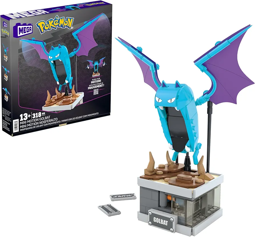 Mega Pokémon Building Toys Set Mini Motion Golbat with 313 Pieces, Wing Flapping Motion, 5 Inches Tall, for Adult Collectors