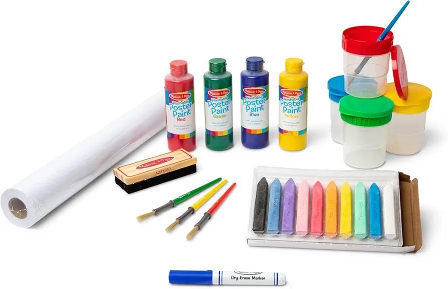 Melissa & Doug Easel Accessory Set - Paint, Cups, Brushes, Chalk, Paper, Dry-Erase Marker - FSC Certified