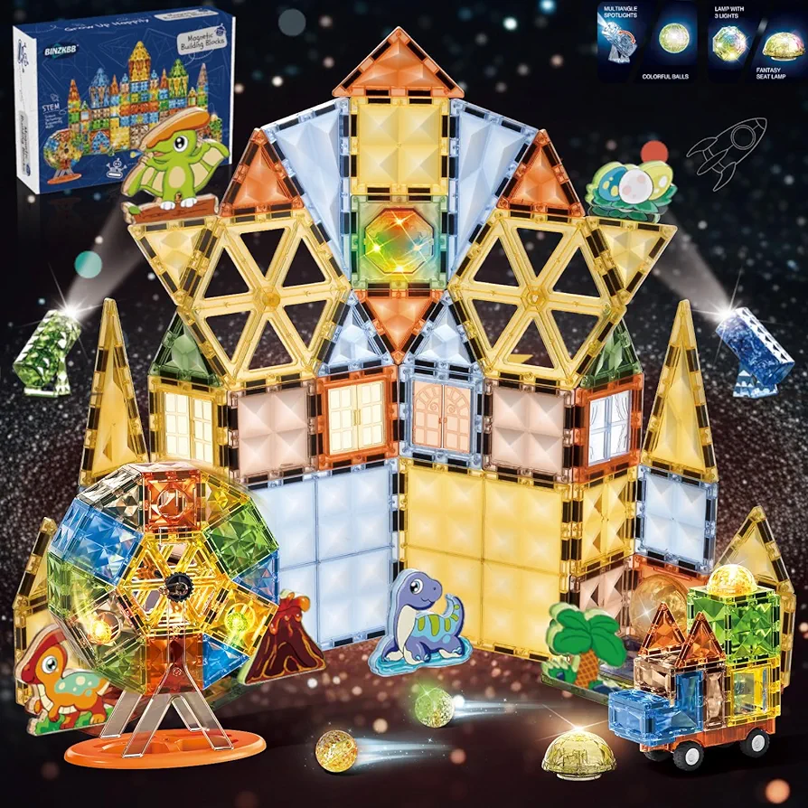 BINZKBB Magnetic Tiles 110 pieces-3D Lighted Magnet Building Blocks for Kids,Creative Dinosaur Toys Educational Sensory Stack STEM Construction Toys for Kids Ages 3 4 5 6 8 10+ Year Old Boys Girls