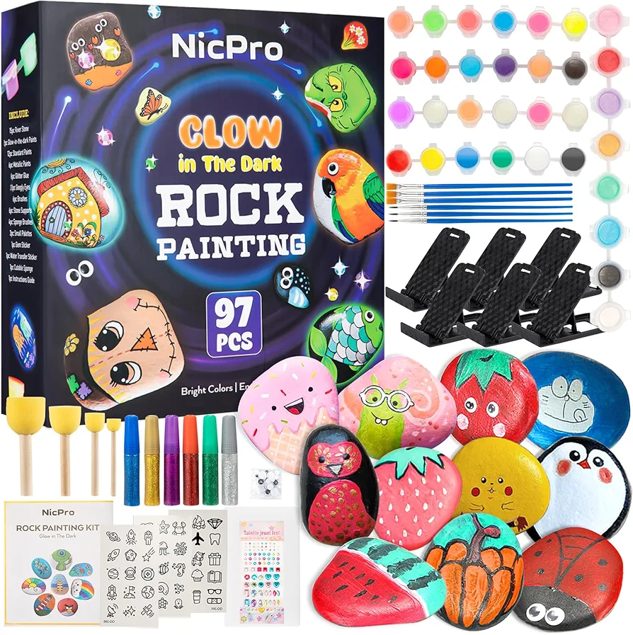 Nicpro 97PCS Rock Painting Kit Glow in The Dark & Metallic, 32 Colors Paint Supplies for Kids Ages 4-12, DIY Art Set 15 River Rocks with Holder, Toy Gift for Boys Girls Birthday Party Activities