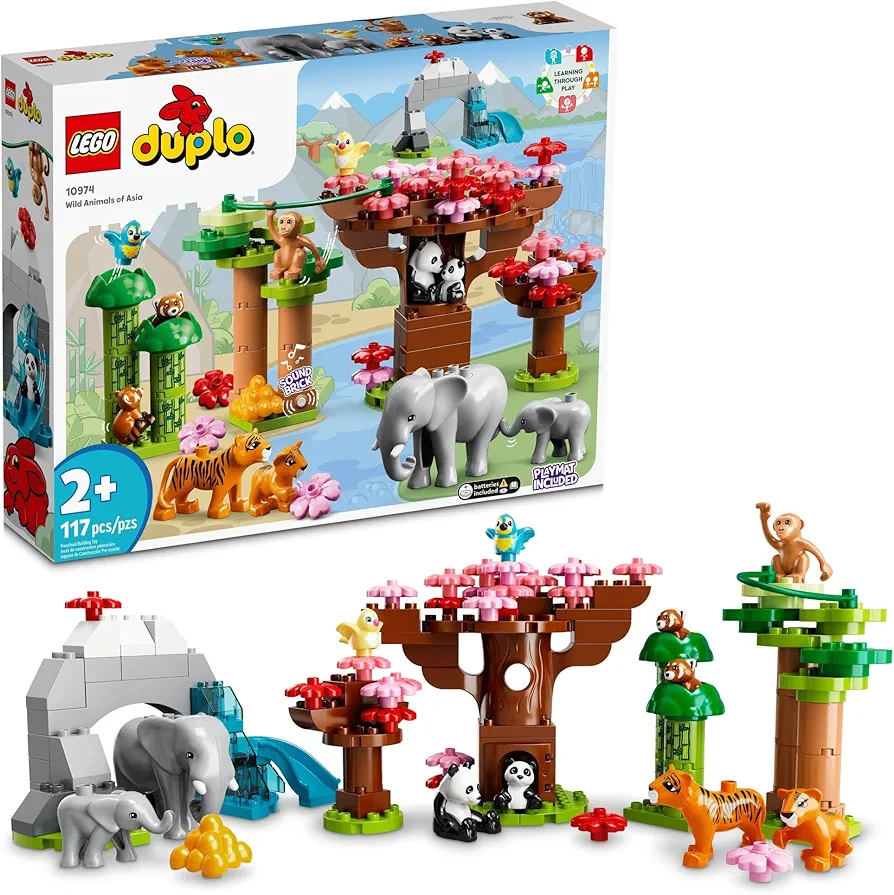 LEGO DUPLO Wild Animals of Asia 10974, Bricks Set with Panda & Elephant Baby Animal Toy Figures plus Sounds, Toys for Toddlers, Girls & Boys Age 2-5