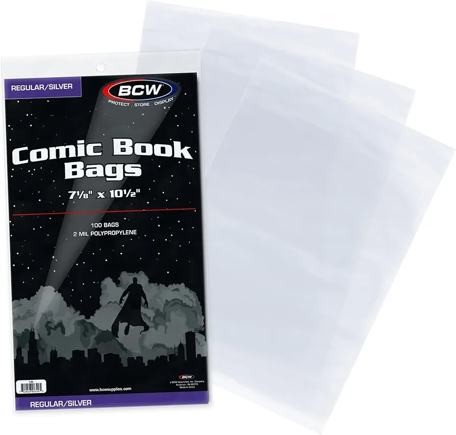 BCW Comic Bags, Silver 7 1/8" X10 1/2" + 1 1/2" Flap 2 mil Polypropylene (100 ct)