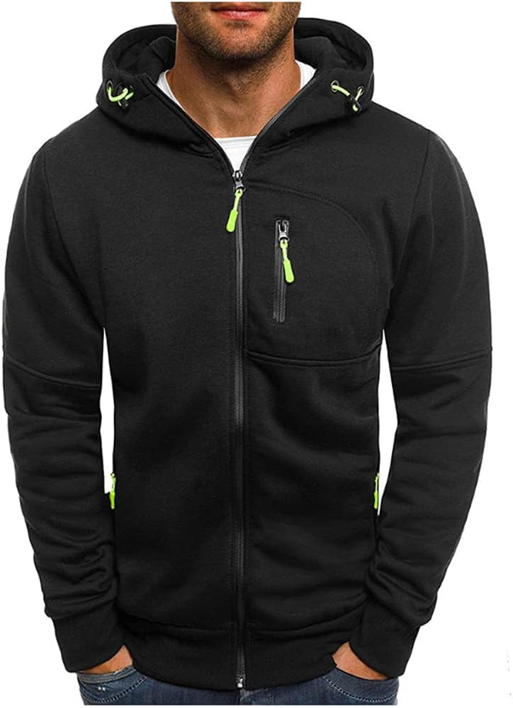 Men's Sports Casual Full Zipper Long-Sleeved Hooded Sweater with Pockets Jogging Track and Filed Gym Training Hoodie