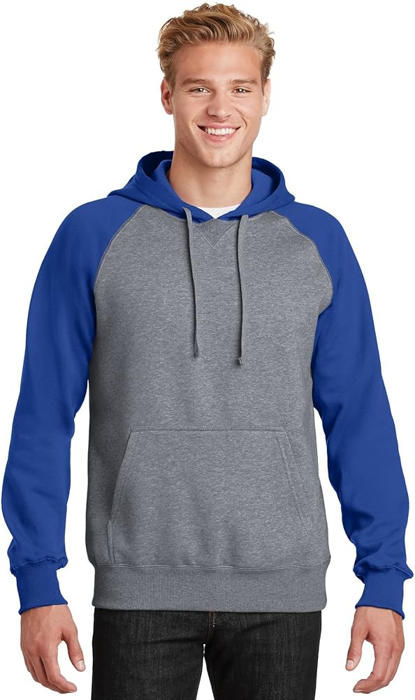 Sport-Tek Mens Raglan Colorblock Pullover Hooded Sweatshirt, Medium, True Royal/Vintage Heather