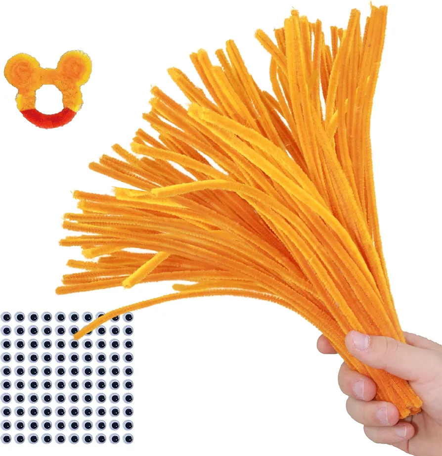 Upgraded 100PCS Orange Pipe Cleaners Chenille Stems Craft Bulk DIY Art Supplies with Googly Eyes Thicker Fuzzy Sticks Wire for Adults and Toddlers