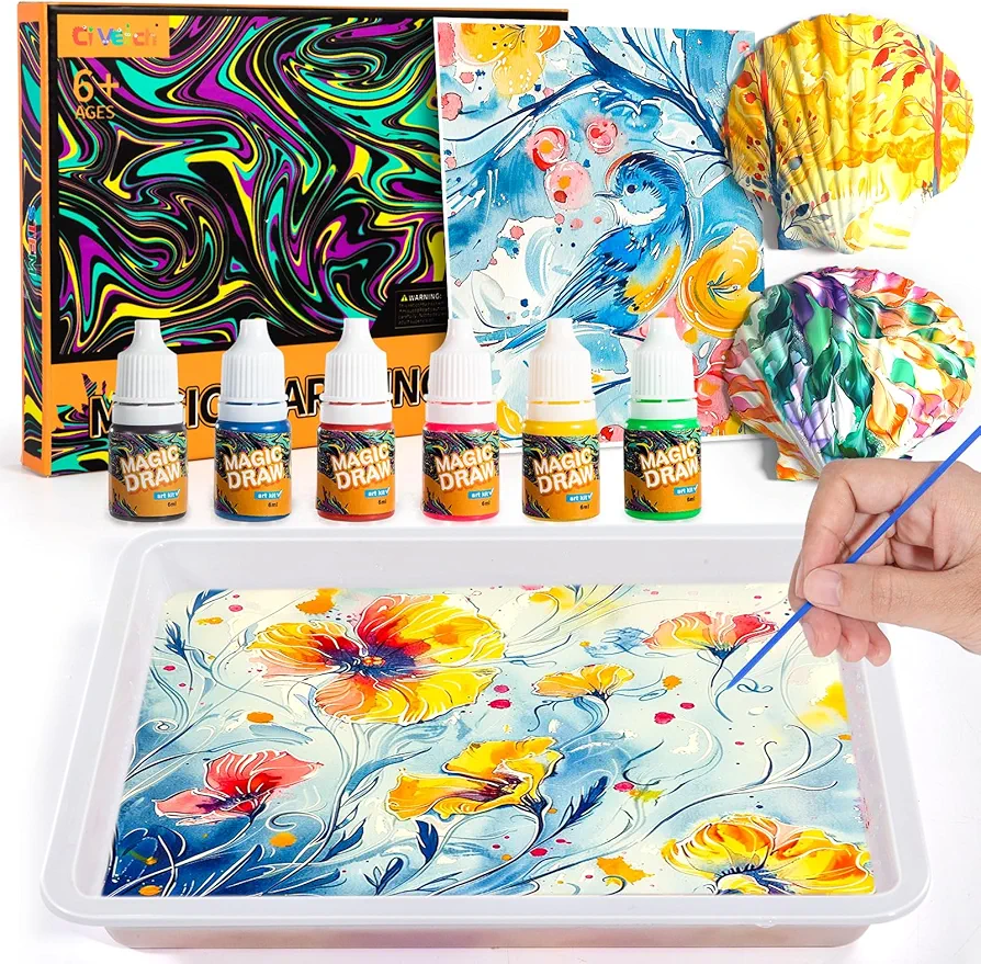 Water Marbling Paint for Kids, Arts and Crafts for Girls Boys, Marbling Paint Art Kit Art Supplies for Kids, Non-Toxic Creative Arts Crafts Kits Ideal Toys Gifts for Kids Toddlers Age 3-5 4-8 8-12