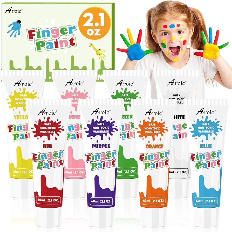 AROIC Finger Paint Set, Non Toxic Finger Paints 8 Colors * 60ml，Art Painting Supplies for Toddlers,Finger Painting Supplies for Kids Boys Girls Gifts, Hand Painting DIY Crafts