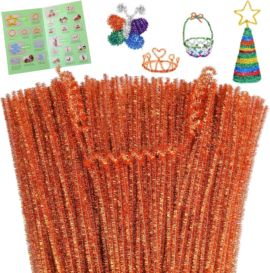 Giwrmu 100 Pieces Pipe Cleaners Chenille Stem, Glitter Orange Pipe Cleaners Craft, Fuzzy Sticks Craft Supplies, Colored Pipe Cleaner for Creative Handmade DIY Art Craft Project