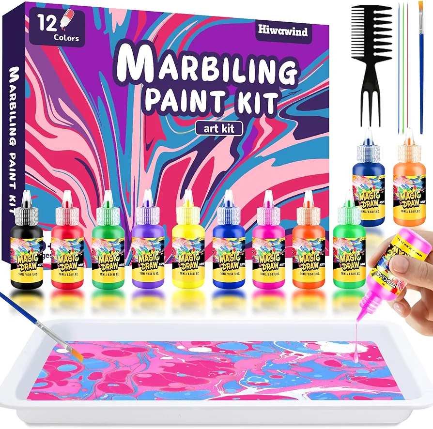 Water Marbling Paint Art Kit for Kids - Art Supplies for Kids 9-12, Arts & Crafts for Girls Kids 8-12, Ideal Gifts for 6 7 8 9 10 11 12 Year Old Girls (12 Colors)