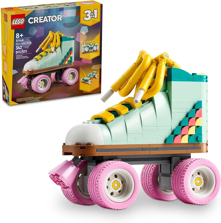 LEGO Creator 3 in 1 Retro Roller Skate Building Kit, Transforms from Roller Skate Toy to Mini Skateboard to Boom Box Radio, Summer Gift for Skaters, Outdoor Toy for Boys & Girls Ages 8 and Up, 31148