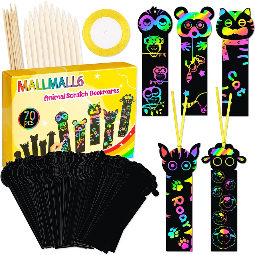 MALLMALL6 70Pcs Animal Scratch Bookmarks Scratch DIY Hang Tags Party Favors Theme Birthday Party Classroom School Supplies Decorations Crafts Kit for Kids