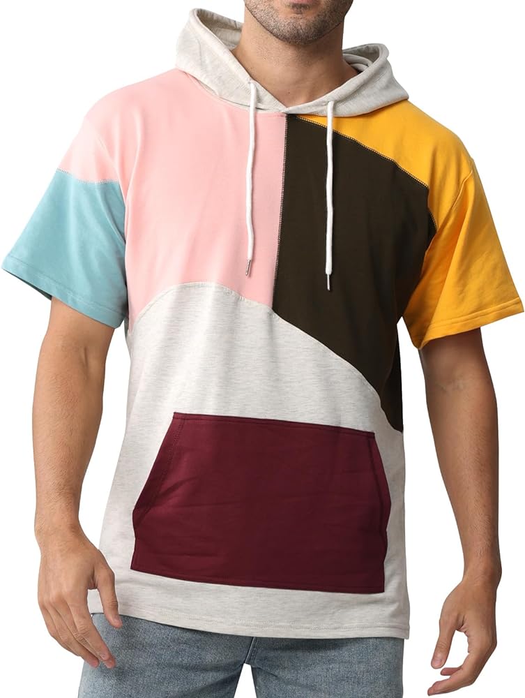 Mens T-Shirt Short Sleeve Hoodie Cotton Contrast Color Moisture Wicking Kangaroo Pocket Athletic Hoodie tee