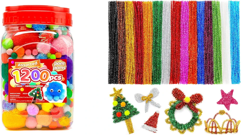 1200pcs pom poms+200pcs glitter pipe cleaners bundle, art and craft supplies